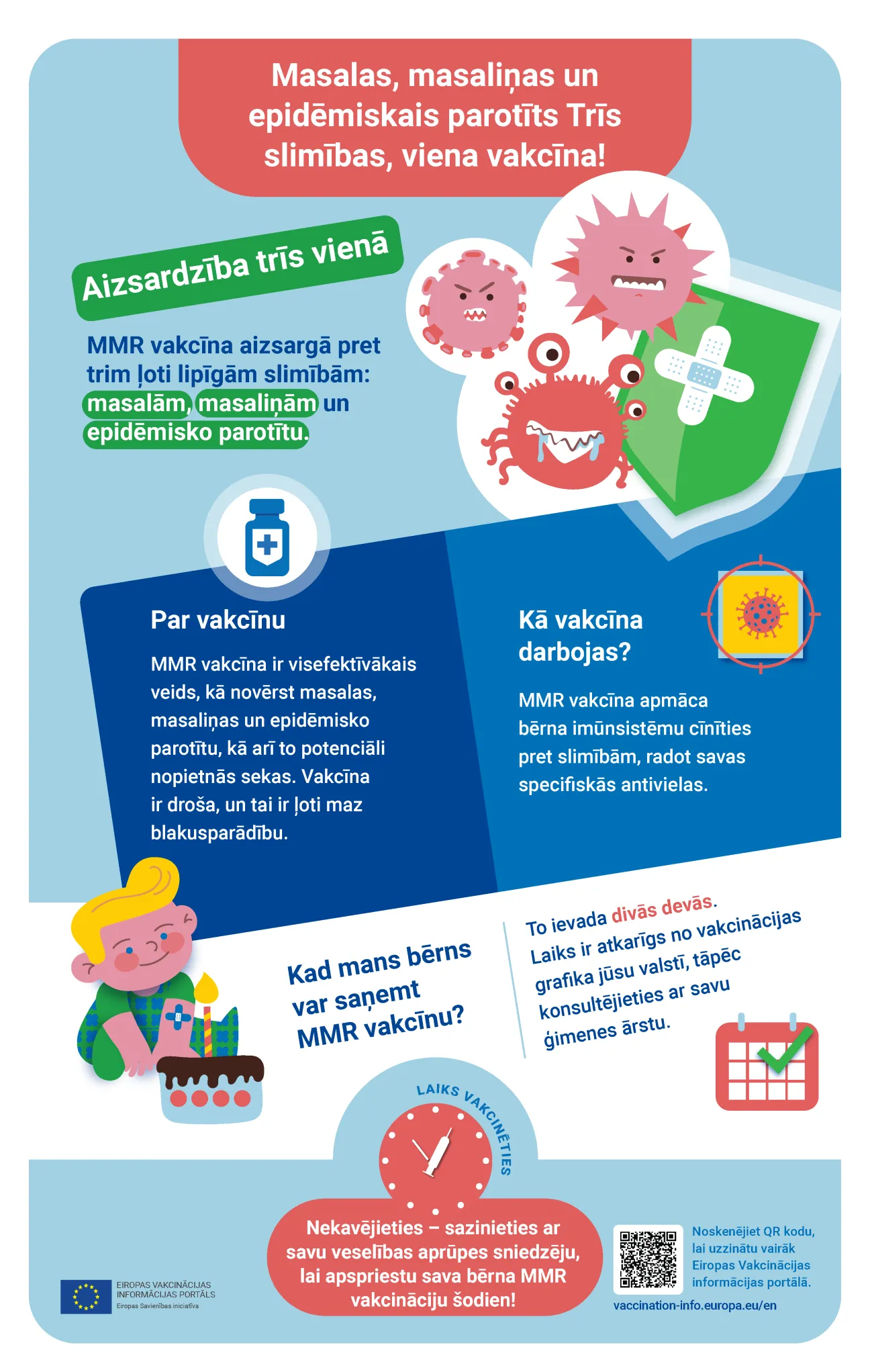 Masalas, masaliņas un epidēmiskais parotīts - Trīs slimības, viena vakcīna!