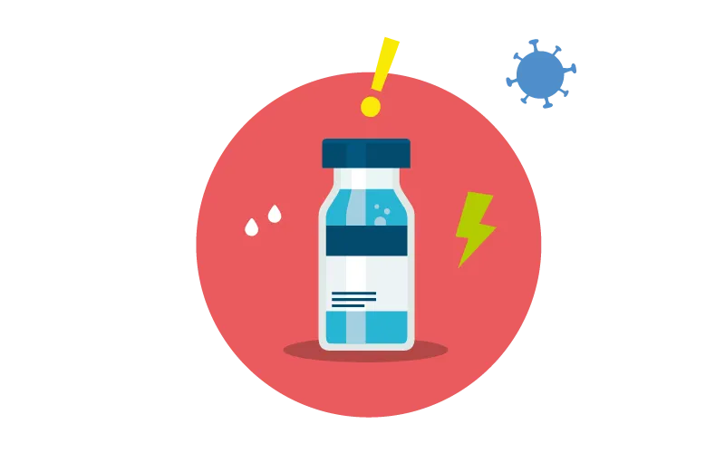 Vaccine vial with viruses and symbols around it